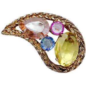 VTG 40s 50s Mid Century Lucite Paisley Brooch Gold Tone Multicolor Pin Sparkly